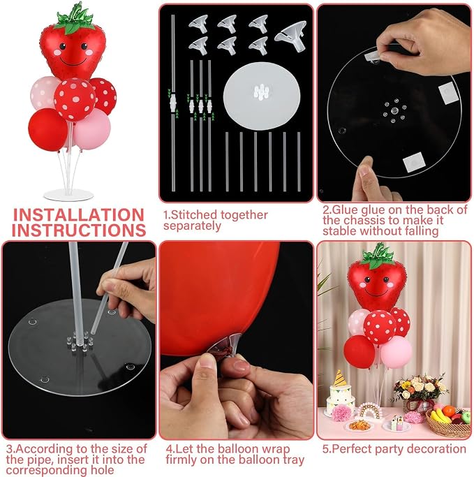Strawberry Party Balloons Stand Kit 2 Sets with 2 Strawberries Foil Balloons Sweet Strawberry 1st Party Balloon Centerpieces for Tables for Girls Strawberries Birthday Themed Decorations