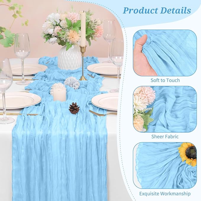 18 Pack Cheesecloth Table Runner Light Blue 10Ft Rustic Boho Gauze Table Runner Romantic Long Sheer Fabric Cheesecloth Table Runner for Wedding Festival Birthday Anniversary Dinner Outdoor Events