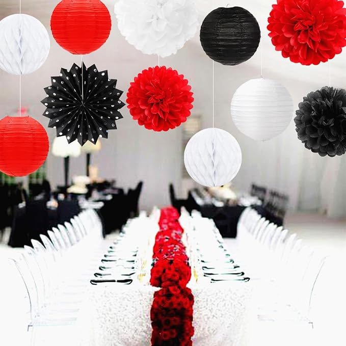 Black White-Red Party-Decorations Streamers Lanterns - 14pcs Birthday Graduation 2026 Paper Honeycomb Fan,Tissue Pom Poms,Men Women Wedding Baby Shower Backdrop Supplies Decor Ouruola