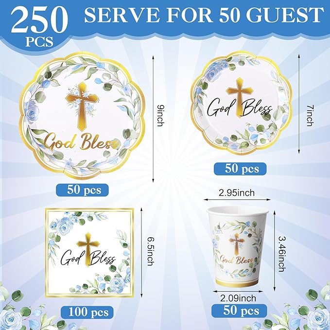 Ziliny 250 Pcs God Bless Baptism Party Tableware Set for 50 Guest First Holy Communion Decorations Blue Eucalyptus Leaves Paper Plates Napkins and Cups for Christening Baby Shower Religious