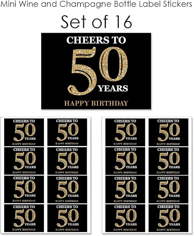 Big Dot of Happiness Adult 50th Birthday - Gold - Mini Wine and Champagne Bottle Label Stickers - Birthday Party Favor Gift for Women and Men - Set of 16