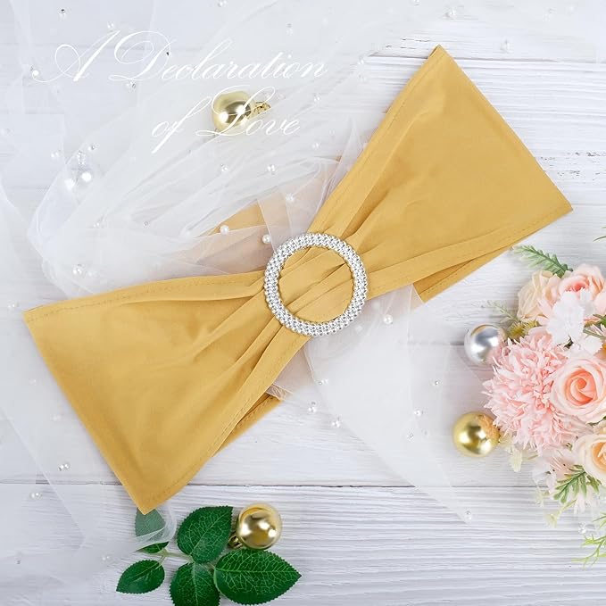 Spandex Chair Sashes Bows - Babenest 30PCS Premium Stretch Chair Cover Band with Buckle Slider Universal Elastic Chair Ties for Wedding Party Ceremony Reception Banquet Decoration (Gold)