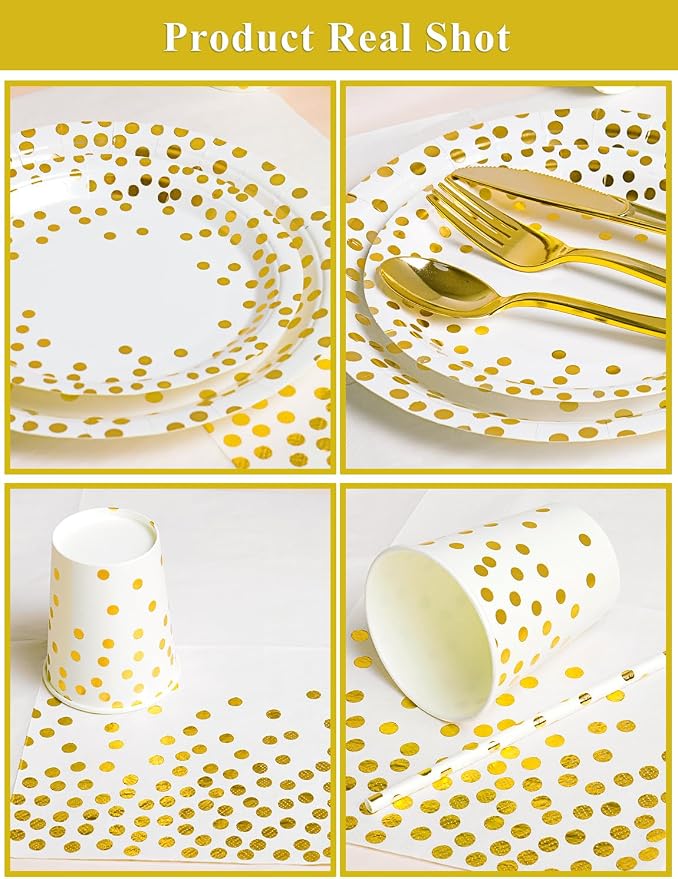 Nkaiso 141 Pieces White Gold Party Supplies, Disposable Party Decorations Sets Include Paper Plates Napkins Cups, Plastic Forks Knives Spoons, for Baby Shower Birthday Wedding -20 Guests