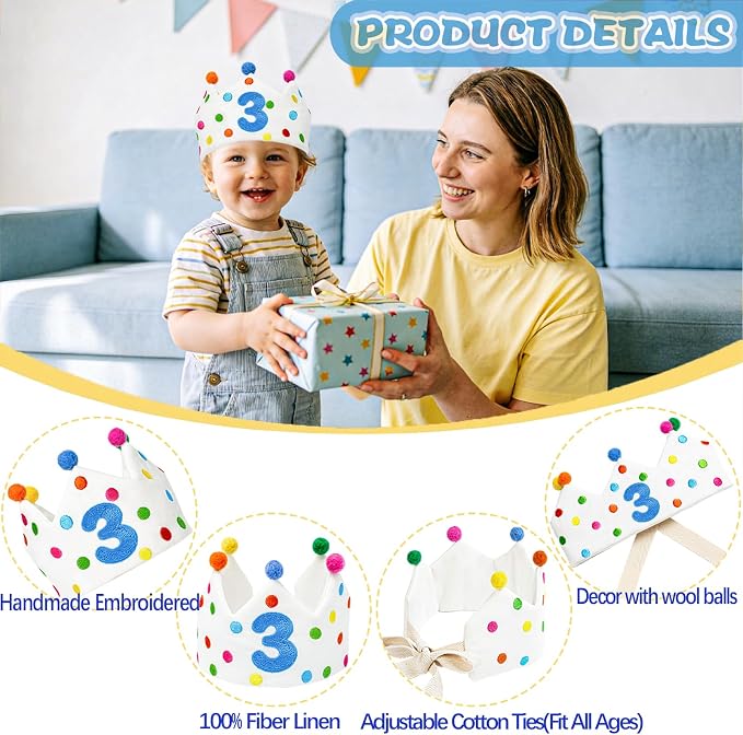 Personalized Hand Embroidered Birthday Hats Unique Happy Birthday Crowns Cute Party Hat for Boy Girl Fit All Ages