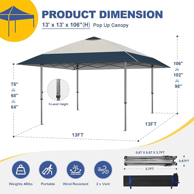 Explore Land 13x13 Pop Up Canopy with One Push Setup Heavy Duty Outdoor Sun Shade Tent for Beach,Camping,Events,Parties(Beige & Navy)