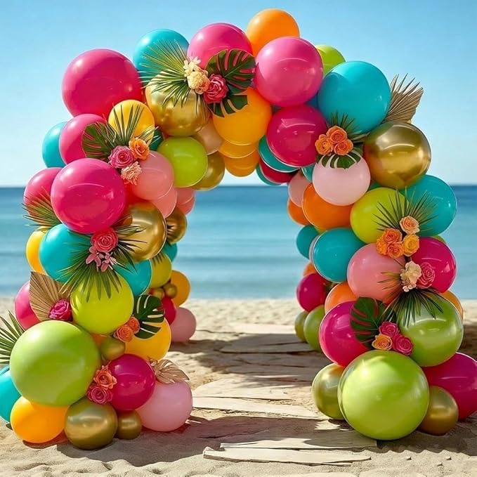 Tropical Balloons Arch Double Stuffed Hot Pink Green Balloons Pastel Yellow Orange Gold Balloon Garland Teal Blue Balloon for Birthday Baby Shower Hawaiian Summer Luau Easter Party Decorations
