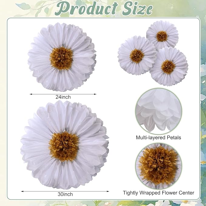 Chunful 5 Pcs 30'' 24'' Gaint White Tissue Paper Flowers Decoration Wonderland Large Hanging White Tissue Paper Pom Poms Decor for Wonderland Birthday Bachelorette Wedding Baby Shower Party Decor
