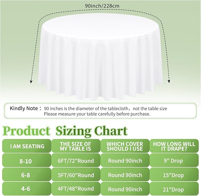12 Pack Round Tablecloth 90 inch White Table cloths for Round Tables,Stain and Wrinkle Resistant Washable Polyester Tablecloths White Table Cloth 90 inch Round Table Cloth for Wedding Party Birthday