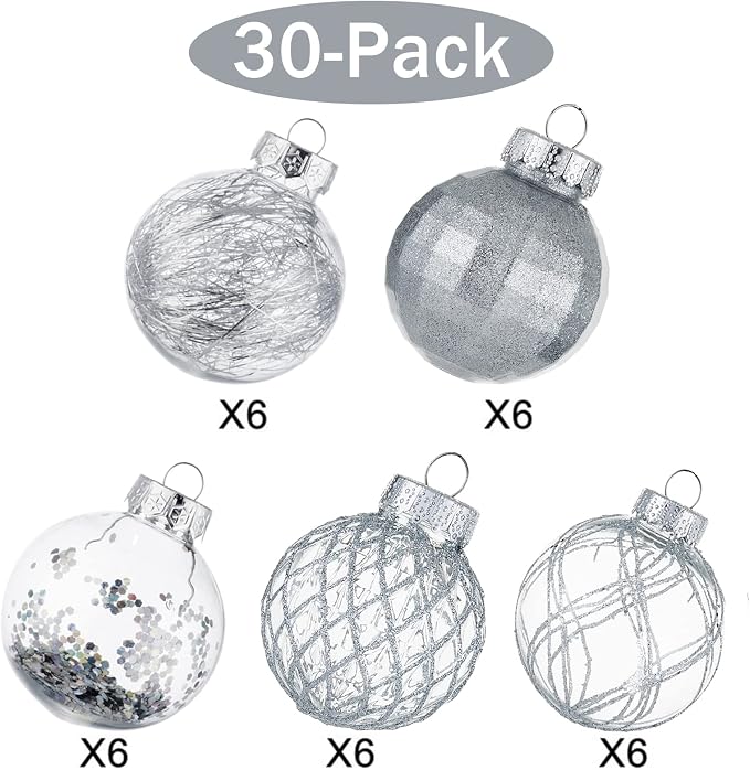 CristBest 30ct Christmas Ball Ornaments-60mm/2.36" Shatterproof Clear Plastic Xmas Balls Baubles Set with Stuffed Delicate Sparkling, Hanging Christmas Tree Decorations(Silver)