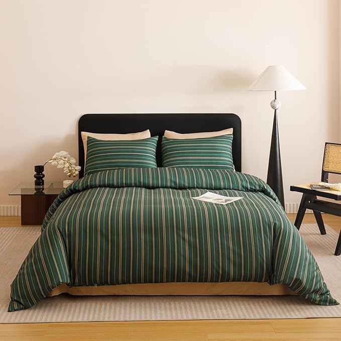 KAREVER Green Stripes Comforter Queen Vertical Ticking Striped Dark Green Bedding Set Durable Chic and Stylish Bedroom Set