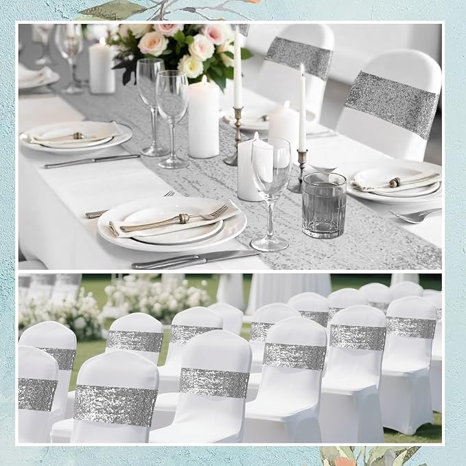 54 Pieces of Silver Sequin Chair Ribbons and Table Runners, 48 Sequin Chair Bows, 6 Glitter Table Runners, Suitable for Wedding Parties Birthday Meeting Events Decorations (Silver)