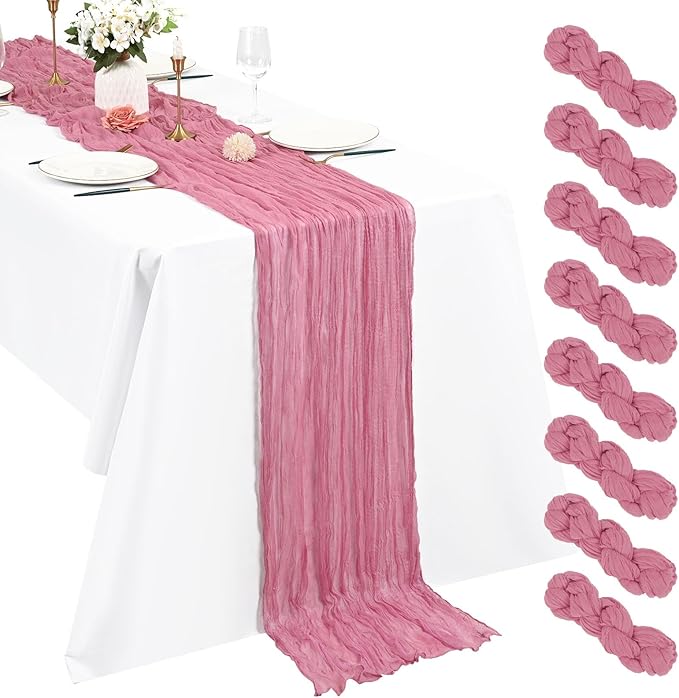 Pesonlook 8 Pack Cheesecloth Table Runner, 10Ft Boho Gauze Table Runner 35×120 Inch Rustic Romantic Long Table Runner for Wedding Party Bridal Shower Thanksgiving Christmas Decoration(Dusty Rose)