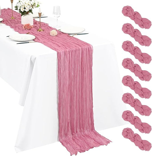 Pesonlook 8 Pack Cheesecloth Table Runner, 10Ft Boho Gauze Table Runner 35×120 Inch Rustic Romantic Long Table Runner for Wedding Party Bridal Shower Thanksgiving Christmas Decoration(Dusty Rose)