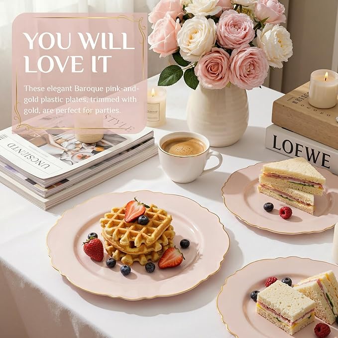 WDF 100pcs Pink Plastic Plates - High-end Baroque Design - Pink and Gold Plates - Including 50 Disposable Plate 10.25inch, 50Salad Plate 7.5inch for Wedding/Baby Shower/Spring/Birthday/Mother's Day