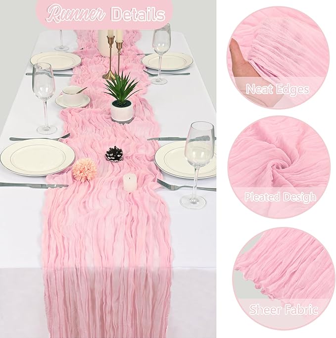 20 Pack Pink Cheesecloth Table Runner 10FT Boho Gauze Fabric Cheese Cloth Table Runners for Wedding ,Party,Baby Shower, Bridal Party, Rustic Farmhouse and Table Decorations