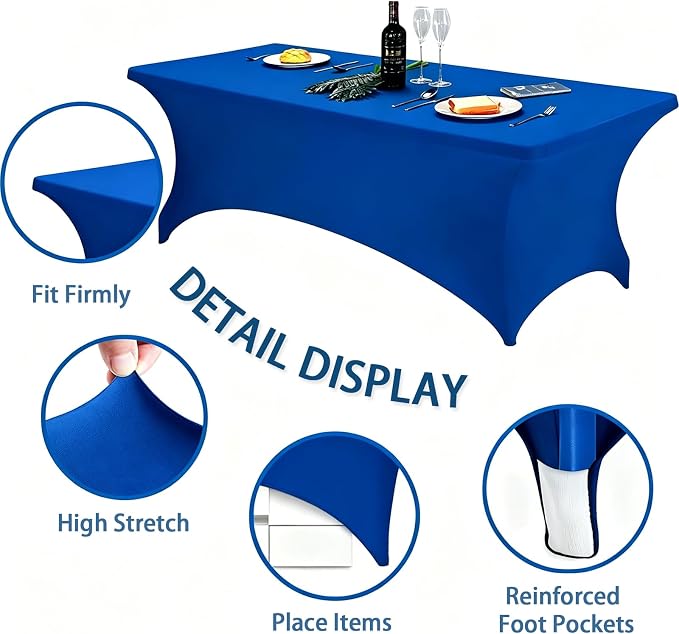 6FT Royal Blue Table Cloth - 2 Pack Fitted Stretch Rectangle Spandex Tablecloth, Washable Table Cover for Party, Picnic, Wedding, Banquet, Birthday and Festival(30" x 72")