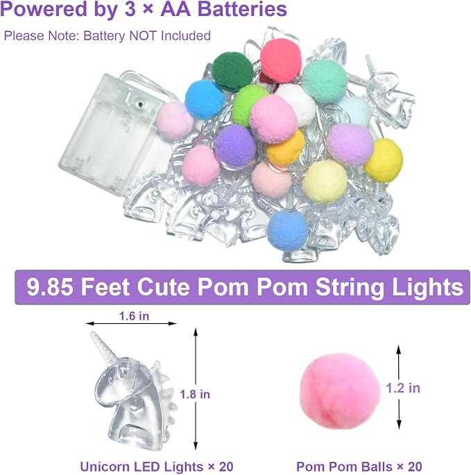 9.85FT Colorful Indoor String Lights with 20 Cute PomPoms 20 Unicorn LED Indoor String Lights Battery Operated with Timer for Home Bedroom Kids Playhouse Birthday Wedding Party Holiday Christmas Decor