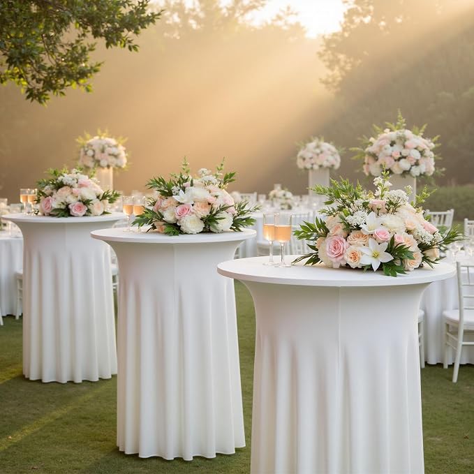 6 pk White Cocktail Table Cloth Round 32×43in-High Top Highboy Bar Cocktail Tablecloths-Wrinkle Free Stretchy Fitted Spandex Table Covers with Ruffle Desk Skirt for Wedding Banquet Party Tables