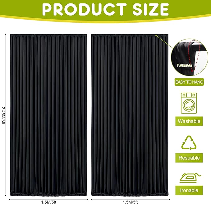 Wokceer Black Backdrop Curtain for Parties 10x8FT Photo Backdrop Drapes for Wedding Polyester Backdrop for Photoshoot Baby Shower Birthday Party Curtains Photography Background 2 Panels 5x8FT