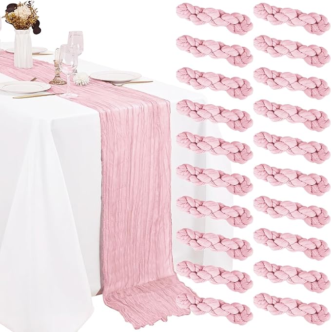 20 Pack Pink Cheesecloth Table Runner 10FT Boho Gauze Fabric Cheese Cloth Table Runners for Wedding ,Party,Baby Shower, Bridal Party, Rustic Farmhouse and Table Decorations