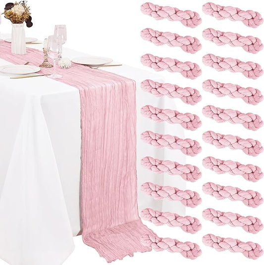 20 Pack Pink Cheesecloth Table Runner 10FT Boho Gauze Fabric Cheese Cloth Table Runners for Wedding ,Party,Baby Shower, Bridal Party, Rustic Farmhouse and Table Decorations