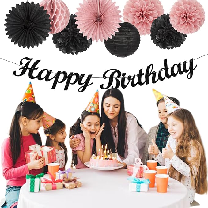 Blush-Pink Black Happy-Birthday Banner Party-Decorations - 31pcs 14th 40th Rose Gold Women Girls Paper Lanterns Streamers,Tissue Paper Flowers Pom Poms Fans Tassel Garland Sign Decor Backdrop Hugmoon