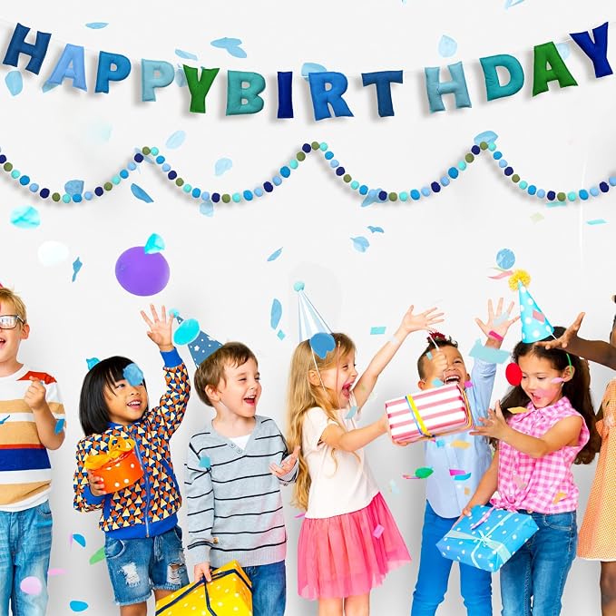Mindsoft 2 Pcs 9.83ft Pre Strung 3D Happy Birthday Felt Fabric Banner with Ball Garland Reusable Pom Pom Garland for Birthday Party Decorations Sign Photo Prop Boys Girls(Ocean Color)