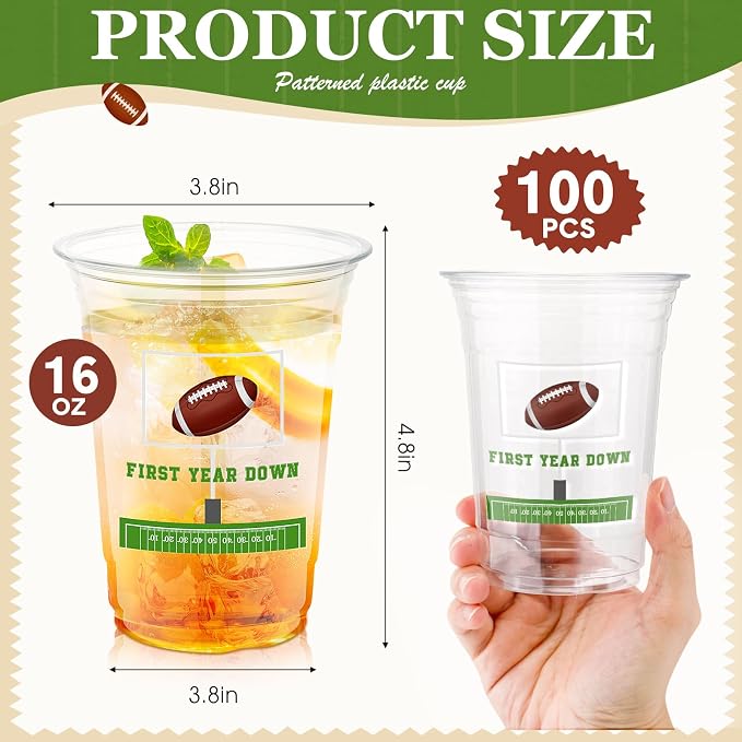 100 Pcs First Year Down Birthday Decoration Cups 16 oz Clear Disposable Football Plastic Party Cups Bulk for 1st Year Birthday Party Supplies Sports Themed Baby Shower