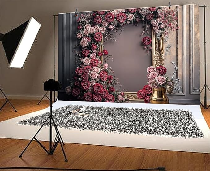 6X4ft Retro Wall Wedding Backdrops Frame Style Pink Red Rose Flowers Purple Wall Background Medieval Interior European Style Photo Background Bridal Birthday Girls Women Decoration Backdrop