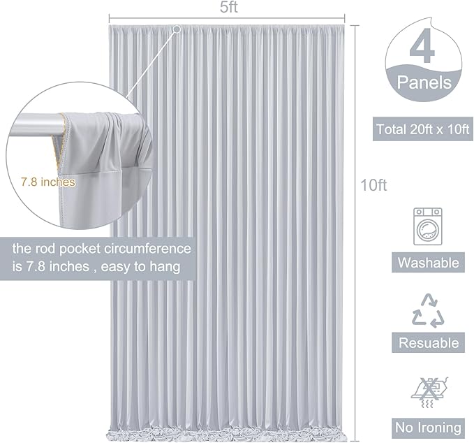 4 Panels Silver Grey Backdrop Curtain for Parties Wedding Wrinkle Free Silver Grey Photo Curtains Backdrop Drapes Fabric Decoration for Birthday Party Baby Shower 20ft(W) x 10ft(H)