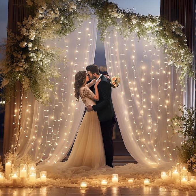 20ft x 10ft White Sheer Tulle Backdrop Curtain with Lights String- Wedding Backdrop Decorations for Reception Ceremony Home Party Photoshoot Background Fabric Curtains Backdrop