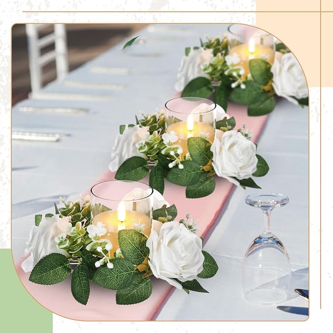 Yunlly 20 Pcs Rose Candle Rings with Flameless Candles Sets, Artificial Flower Eucalyptus Wedding Centerpiece 3 Inch Pillar Candleholders Wreaths for Wedding Party Mother's Day (White)