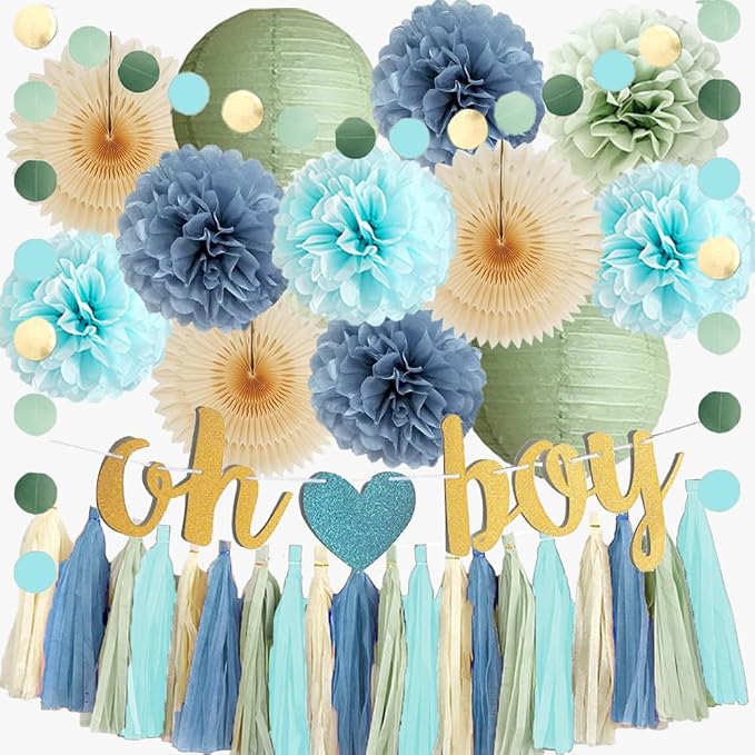 Dusty Blue and Sage Green Baby Shower Decorations Oh Boy Sage Green and Blue Baby Shower Decorations Light Beige Tissue Paper Pom Poms Fans Cream Tassel Garland Kit with Oh Boy Banner Gold