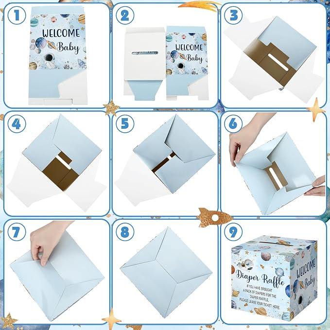 Teling 51 Pieces Diaper Raffle Tickets with Card Box Baby Shower Decorations Baby Shower Holder Box for Girl Boy Diaper Raffle Party(Outer Space)