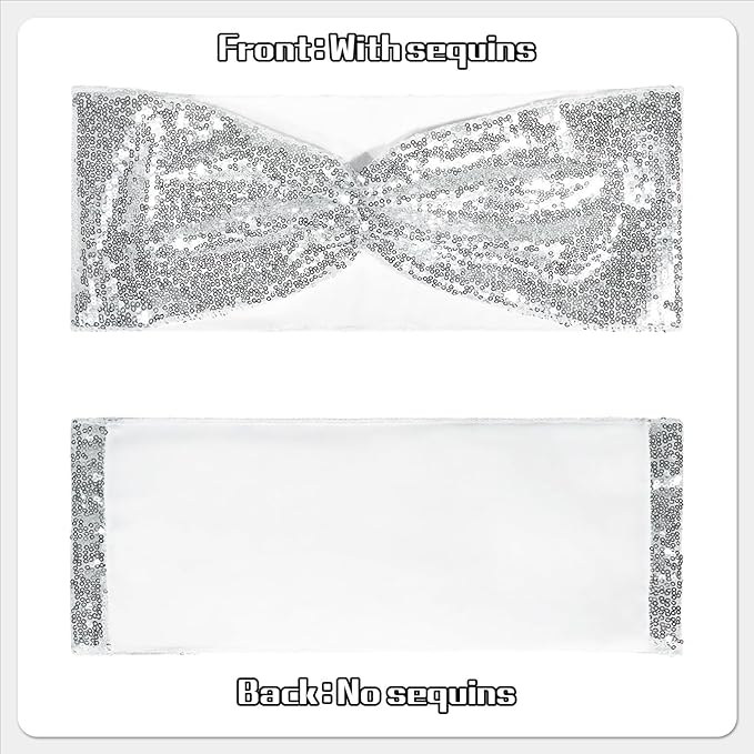 Poise3EHome Set of 50 Stretch Sequin Chair Sashes Silver One-Sided Sequins Decorative Bands for Wedding Party Event Chair Covers