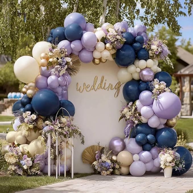 Navy Blue Purple Balloon Arch Double Stuffed Dark Blue Pastel Lavender White Sand Ivory Balloon Garland Kit Clear Bobo Metallic Lilac for Baby Shower Wedding Birthday Mother Day Graduation Party Decor