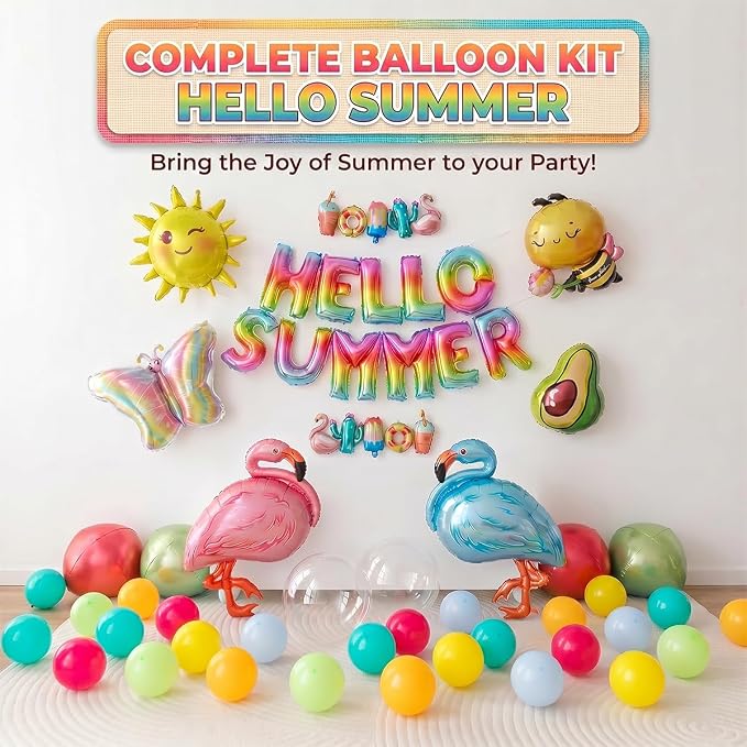 91 PCS "Hello Summer" Foil Balloon Decoration Kit, Tropical Summer Party with Flamingo Bee Butterfly Avocado Mylar Balloons All-in-One Set, Rainbow Letter for Pool Party, Beach Party, Summer Decor