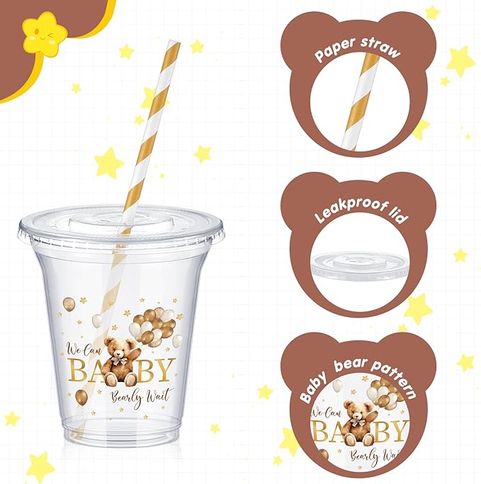FoldTier 60 Set Baby Shower Party Plastic Cups Bulk 14 oz Disposable Clear Cups with Lids and Paper Straws for Baby Shower Bear Birthday Party Supplies Favor Decorations