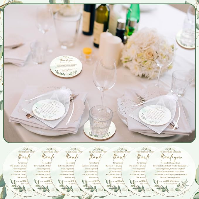 Hushee 200 Pcs Wedding Favors for Guests Bulk Cork Coasters Eucalyptus Leaves Bridal Shower Thank You Gifts Wedding Souvenirs for Guests Thank You for Celebrating with Us Natural Wooden Coasters