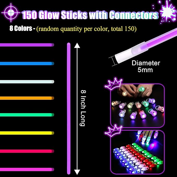 394 Pcs Glow in the Dark Party Supplies for 16 Kids Adults, Light Up Party Favors, 150 Ultra Bright Glow Sticks Bulk Party Pack with Set of 16 Glow Glasses,Earring, Headband,Bracelets, Necklaces