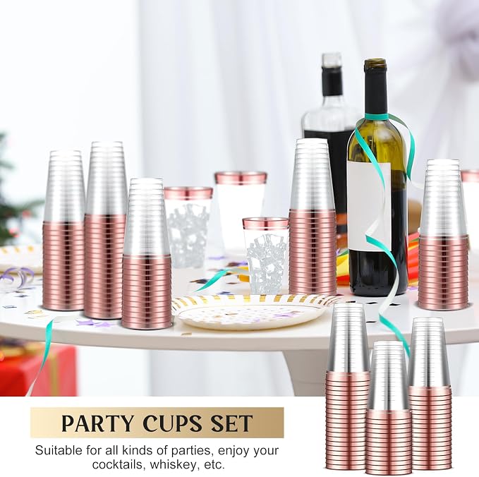 Sliner 50 Pcs Hard Plastic Cups Double Rimmed Plastic Cups Heavy Duty Fancy Wine Glasses for Holiday Christmas New Year Winter Birthday Party Supplies(16 Oz,Rose Gold)