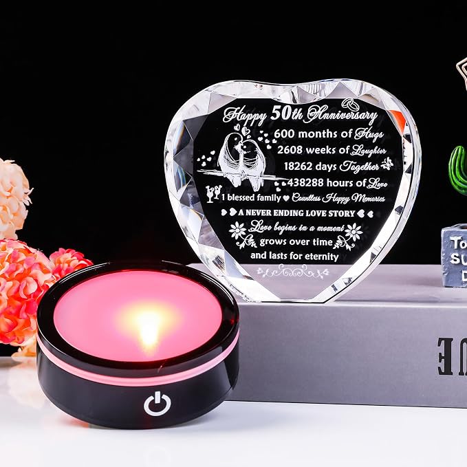 YWHL 50th Wedding Anniversary Crystal Heart Gifts for Parents Couple, Laser Engraved Romantic 50 Year Anniversary Crystal Keepsake Gifts for Wife Husband, 50 Years of Marriage Gift for Her Him