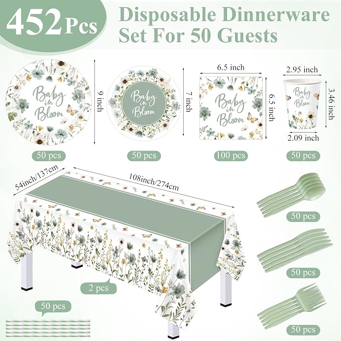 LemonRoad 452 Pcs Sage Green Baby in Bloom Decoration for 50, Green Baby Shower Paper Plates Napkins Cups Tablecloth Cutlery Straws Disposable Tableware for Spring Wildflower Babys Shower Party Supply