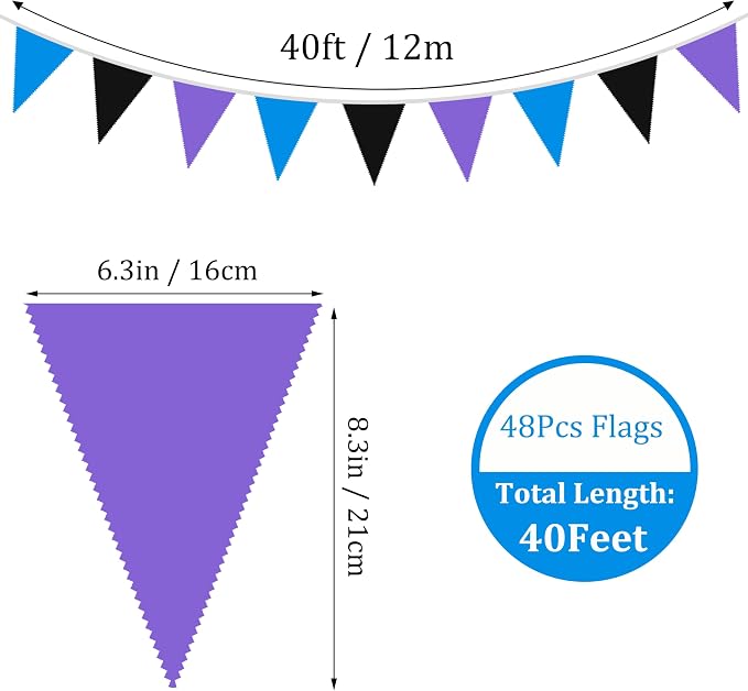 40Ft Purple Blue Black Fabric Bunting Banner Pennant Hanging Party Decorations Cotton Triangle Flag Garland for Boys Game Space Theme Galaxy Moon Birthday First Trip Around The Sun Baby Shower Decor