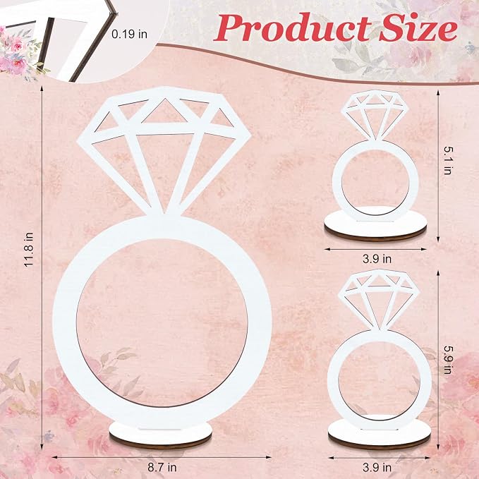 3 PCS Bridal Shower Centerpieces for Tables Diamond Ring Sign Table Centerpieces White Wooden Diamond Ring Sign Decorations for Wedding Anniversary Supplies Batcholette Party Engagement Party