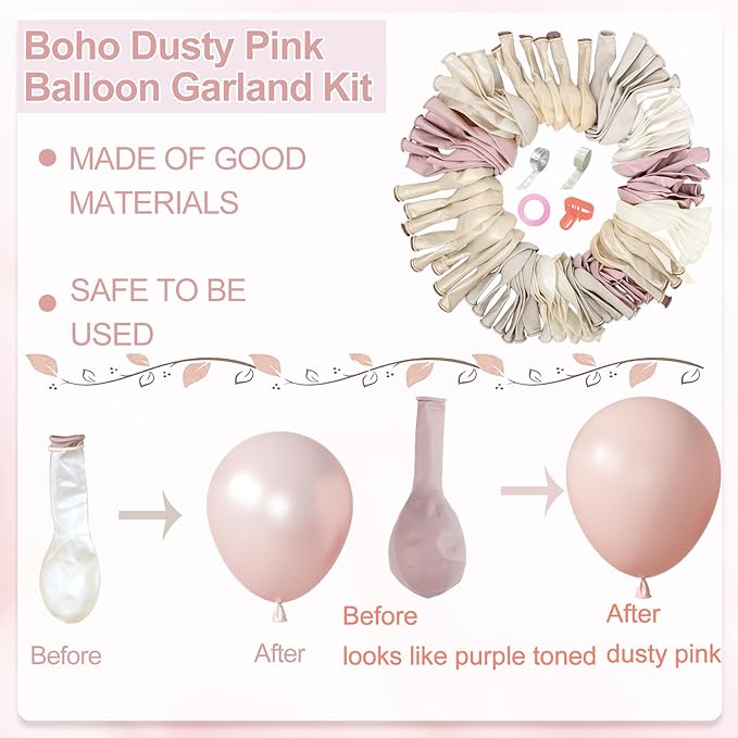 Amandir 173 Pcs Pearl White Pink Balloon Arch Garland Kit, Double Stuffed Dusty Pearl Pink White Sand Clear Balloons for Wedding Boho Neutral Bridal Shower Birthday Valentine's Day Party Decorations