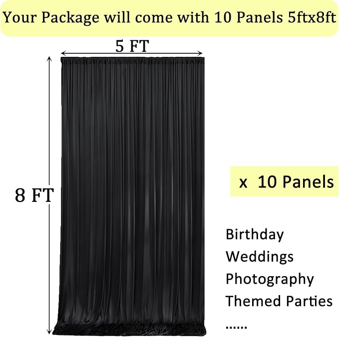 50ft x 8ft Wrinkle Free Black Backdrop Curtains for Parties, 10 Panels 5ftx8ft Polyester Photo Backdrop Drapes for Weddings Birthday Photography Background Curtains