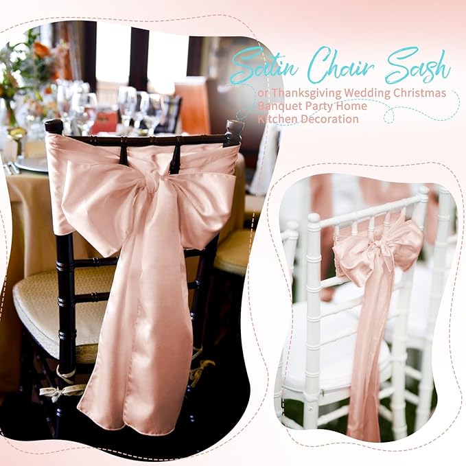 60 PCS Rose Gold Satin Chair Sashes, Ties Bows Designed Chairs Decorative, Chair Cover Sashes for Thanksgiving Wedding Christmas Banquet Party Home Kitchen Decoration (7 x 108 inch)