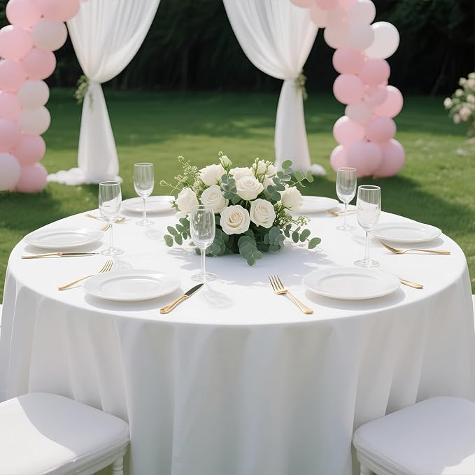 WIGENIUS 2 Pack White Table Cloth Round Tablecloths 90 Inch,Polyester Table Cloth for 5 Foot Round Tables,Wrinkle Resistant Washable Fabric Table Covers for Party,Wedding Banquet