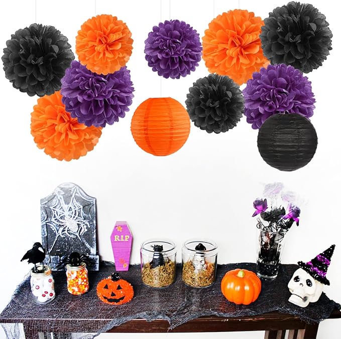 Purple-Orange Black Party-Decorations Paper-Flowers Lanterns - 15PCS Halloween Tissue Pom Poms Streamers,Vintage Birthday Retro Baby Bridal Shower Wedding Bachelorette Hanging Supplies Decor Hugfond